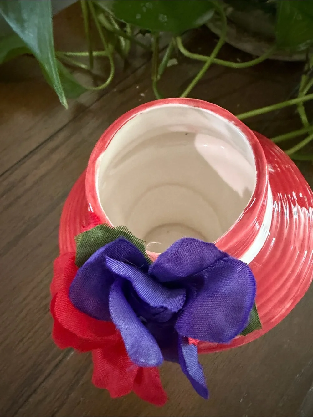 Lefton Vintage Red Hat Ceramic Lady Head Vase with Purple Flowers